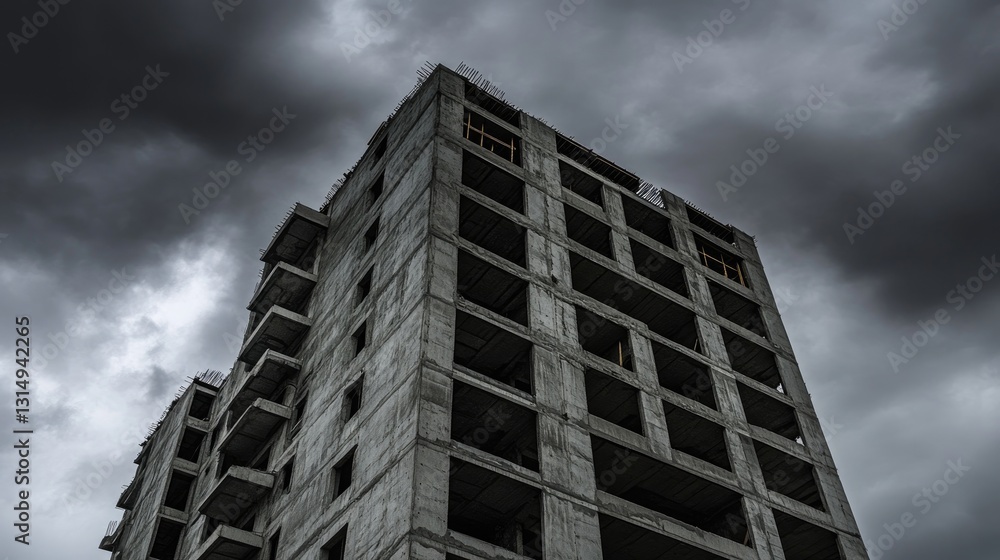 Fototapeta premium Dramatic view of an unfinished high-rise building under construction.