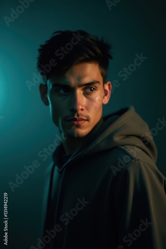 Young Man in Hooded Sweatshirt Dramatic Teal Lighting Pensive Portrait