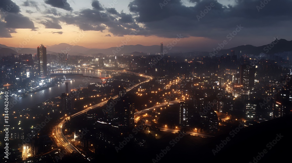 A stunning cityscape at dusk, showcasing illuminated buildings and winding roads. A stunning cityscape at dusk, showcasing illuminated buildings and winding roads.