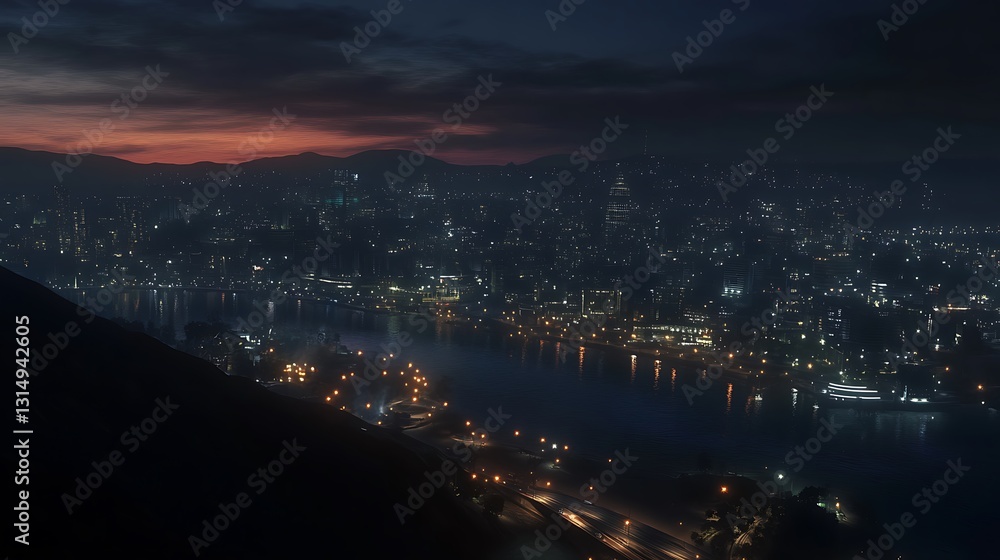 Fototapeta premium A nighttime cityscape with illuminated buildings and a river, showcasing urban beauty.