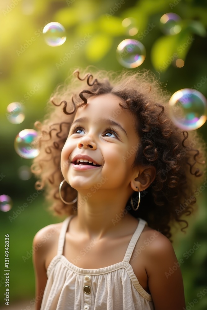 Happy Little Girl with Curly Hair Watching Bubbles in a Sunny Park Happy Little Girl with Curly Hair Watching Bubbles in a Sunny Park