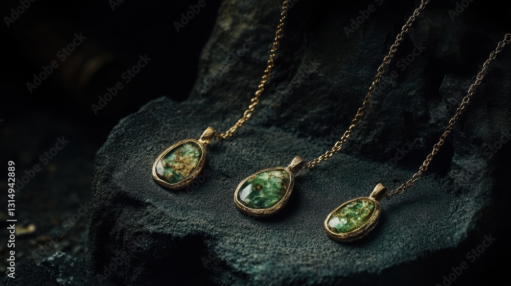 Fototapeta premium Elegant jewelry showcase: gold pendants on black