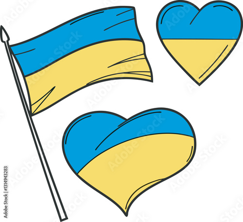 Ukraine flag. Flag of Ukraine. National symbol. Square, round and heart shape. Ukrainian flag symbol. Blue and yellow illustration. Stock vector illustration