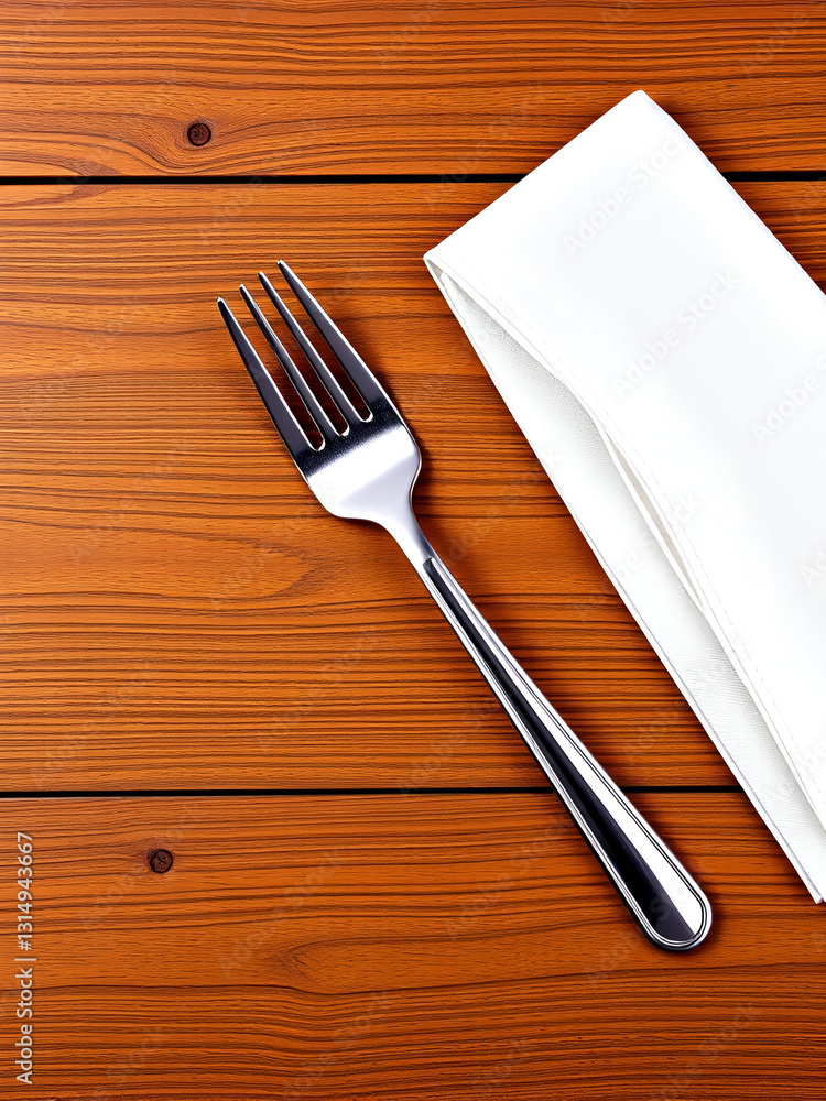 Fork, knife and napkin on wooden table, top view with space for text. Stylish shiny cutlery set Fork, knife and napkin on wooden table, top view with space for text. Stylish shiny cutlery set