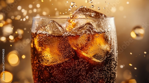 Refreshing beverage with ice and bubbles.
