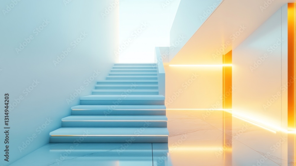 Modern minimalist stairway leading to an illuminated hallway Modern minimalist stairway leading to an illuminated hallway