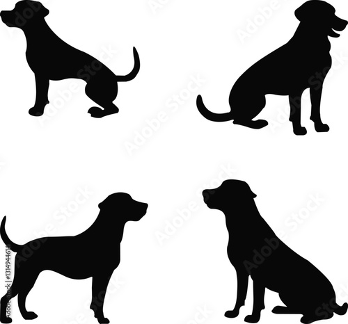 This artwork is digitally enhanced using AI and manually edited for quality. Set of dog silhouette.A collection of black dog silhouettes featuring various breeds and poses. 