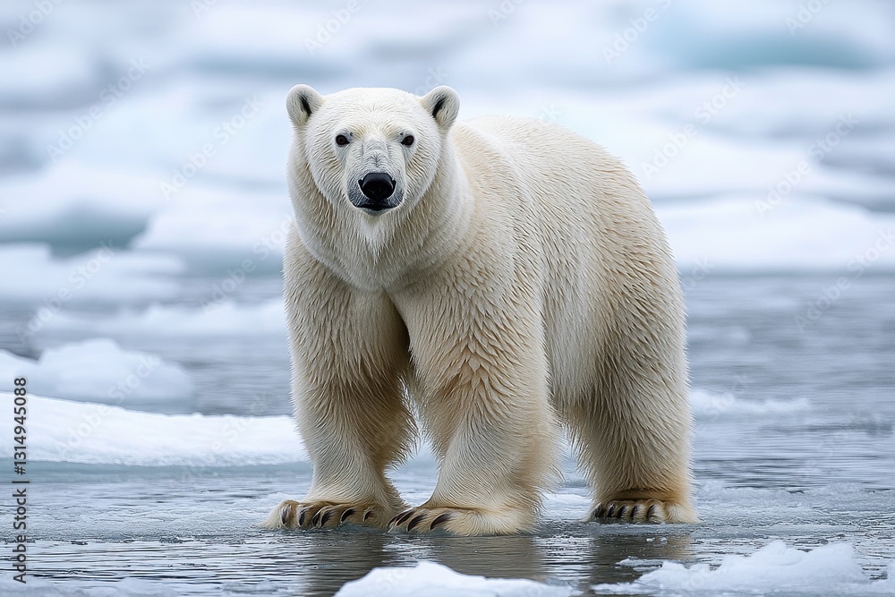 Polar Bear Standing on Ice in Arctic Landscape with Floating Icebergs for Conservation Polar Bear Standing on Ice in Arctic Landscape with Floating Icebergs for Conservation