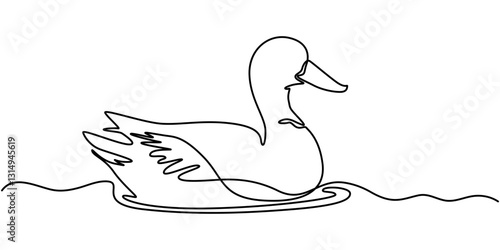One continuous single line of wood duck swimming in river. Famous bird line art isolated on white background, Duck continuous one line drawing  outline vector illustration, Continuous one line drawing