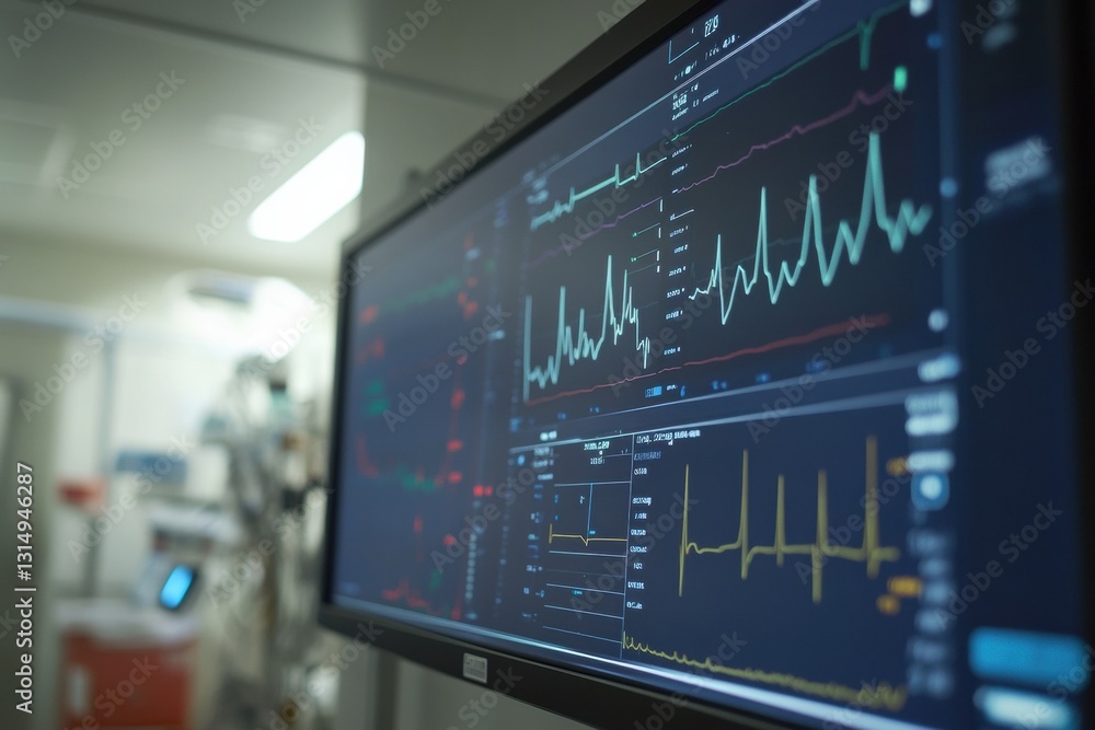 Insights from health data screen showcasing graphs, blood markers, and pulse readings in a hospital environment for personalized patient care Insights from health data screen showcasing graphs, blood markers, and pulse readings in a hospital environment for personalized patient care