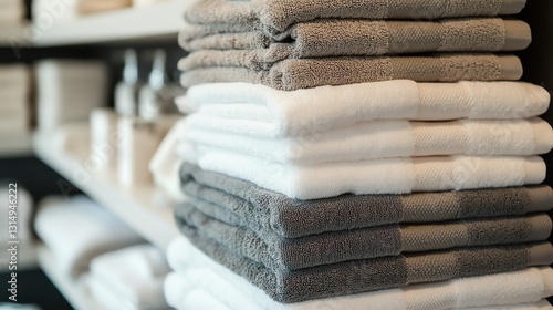 Stacked towels in a modern bathroom setting.