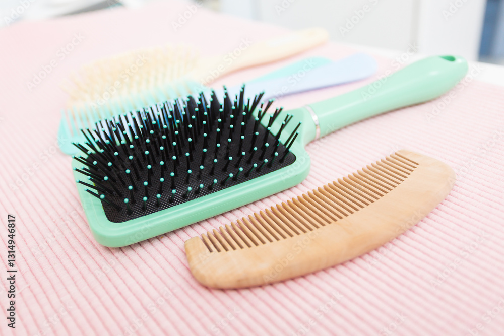 Hair comb and brush in bathroom