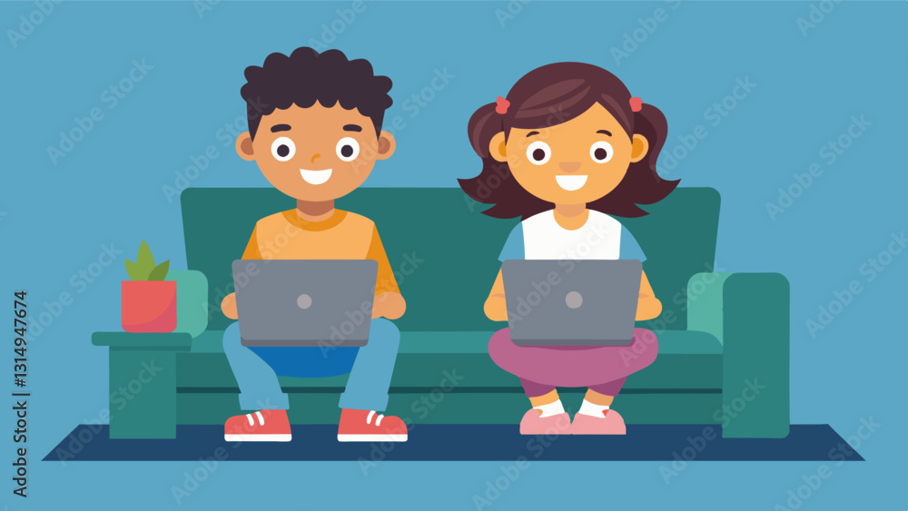 Two siblings sit side by side on a cozy couch immersed in creating a virtual world filled with their own animated characters using Scratch.. Vector illustration