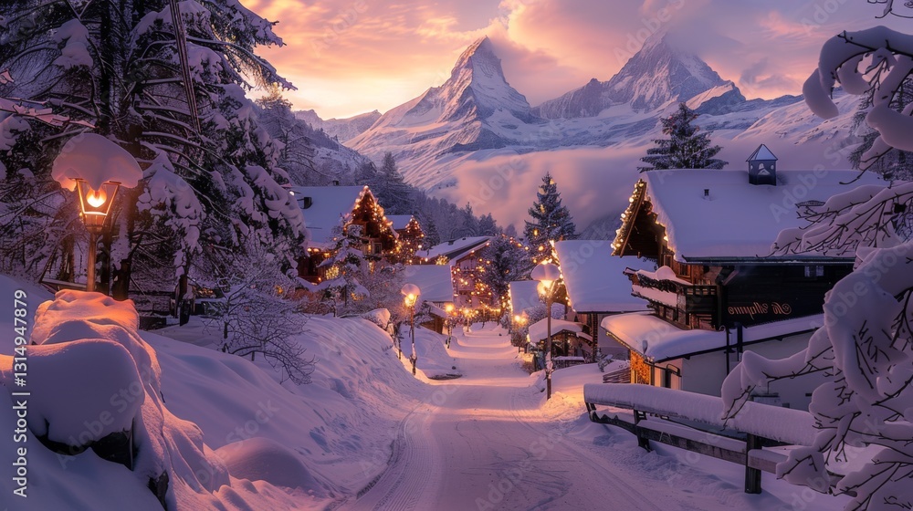 Fototapeta premium A serene village blanketed in fresh snow during twilight, featuring glowing streetlamps and stunning mountains illuminated by a soft evening light.