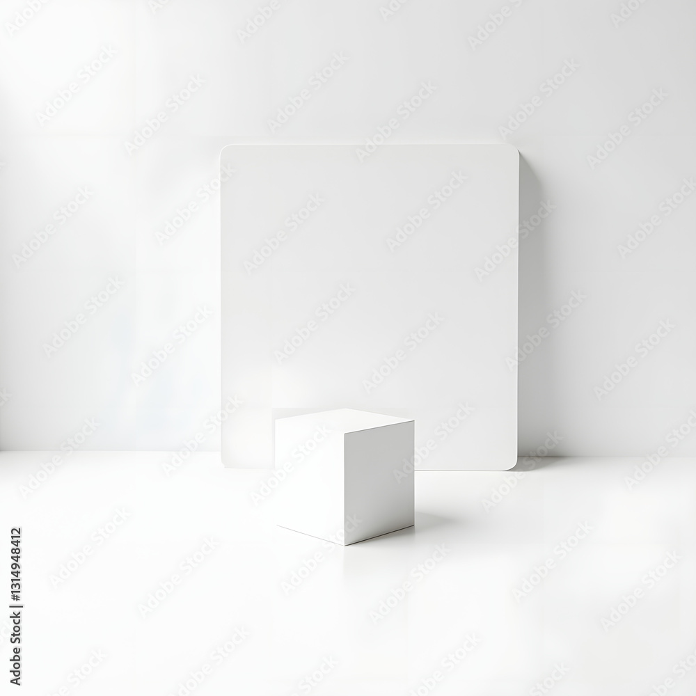 Fototapeta premium Minimalist White Cube on Pristine Surface with Soft Shadows – Abstract Simplicity and Modern Aesthetics