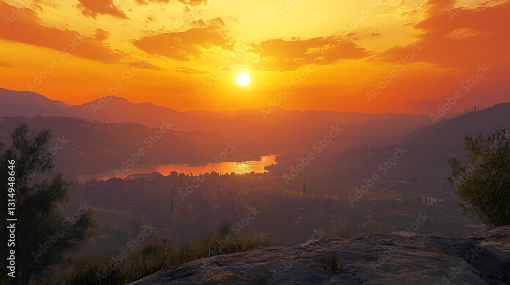 A serene sunset over a valley with mountains and a reflective river. A serene sunset over a valley with mountains and a reflective river.