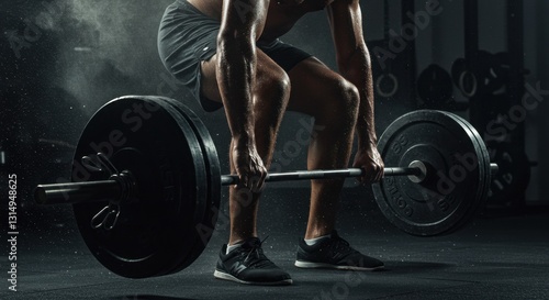 Muscular Athlete Lifting Heavy Barbell in Dim Lighting
