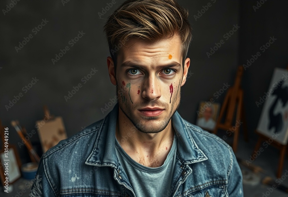 Fototapeta premium A male artist with a paint-splattered face, set against a gray-toned studio background
