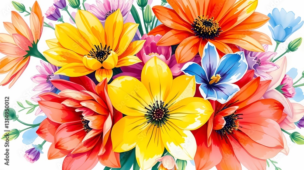 Obraz premium Vibrant Floral Bouquet: An array of colorful flowers arranged in a beautiful composition, showcasing their petals, textures, and intricate details, creating a bright and cheerful atmosphere.