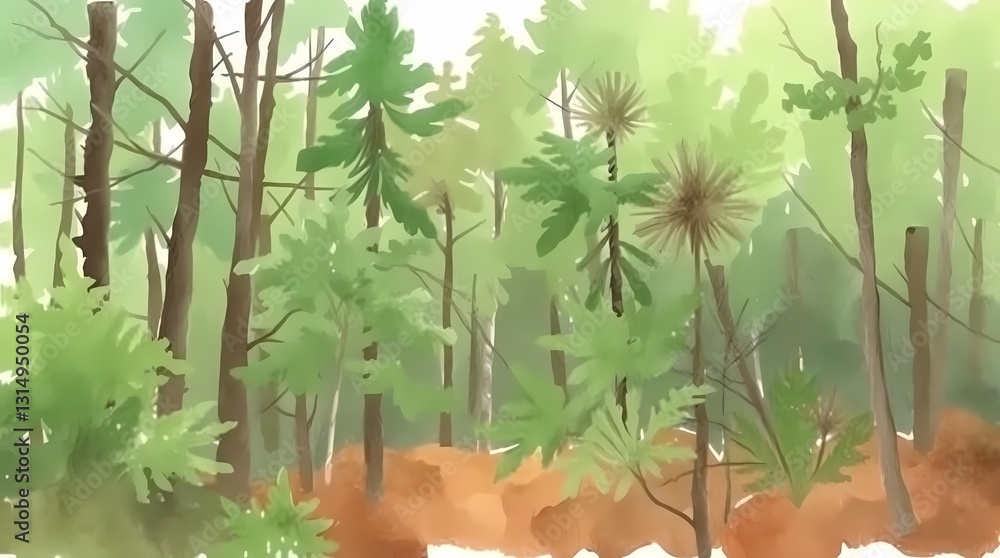 Naklejka premium Enchanted Forest: A captivating watercolor painting that depicts a serene forest with towering trees in various shades of green, their branches reaching towards the light.