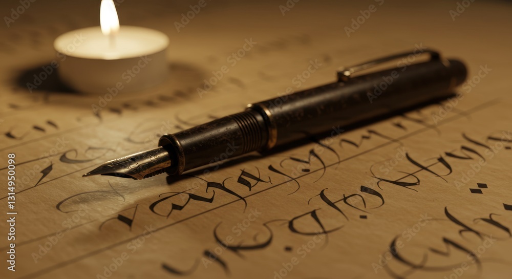 Fototapeta premium Intricate Calligraphy Adorned with a Well-Used Fountain Pen