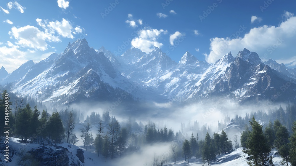 Obraz premium Majestic snow-capped mountains under a clear blue sky with misty valleys.