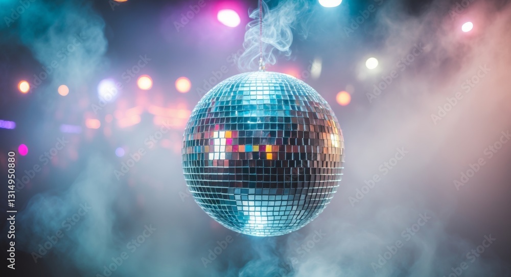 Fototapeta premium Disco ball reflecting light in a smoky environment during a party or event setting.
