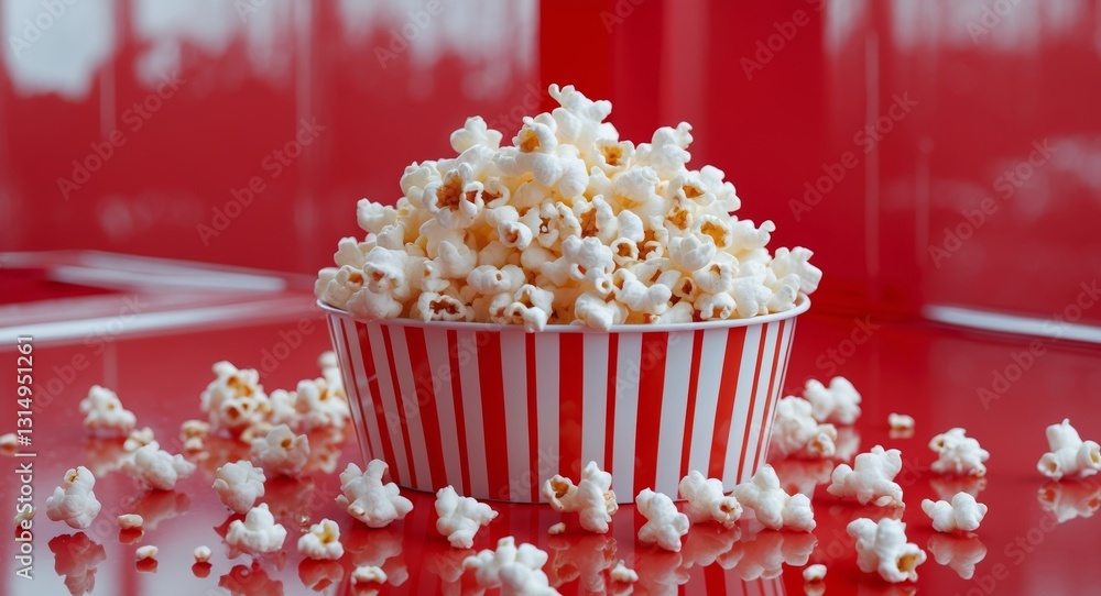 A full popcorn bucket sits on a reflective red surface A full popcorn bucket sits on a reflective red surface