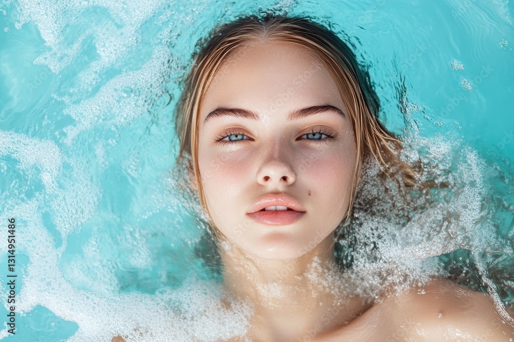 Person enjoying a refreshing swim in a pool with splashes captured from a top down view surrounded by serene blue green water tones Person enjoying a refreshing swim in a pool with splashes captured from a top down view surrounded by serene blue green water tones