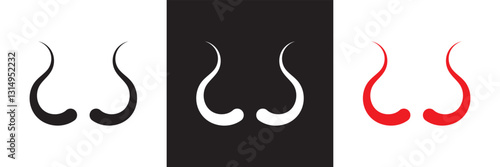 Black, white and red devil horns with curved shape design. Demon Horns. Halloween, evil, fantasy, spooky, horror concept.  Isolated on white, and black background. Vector illustration. EPS 10