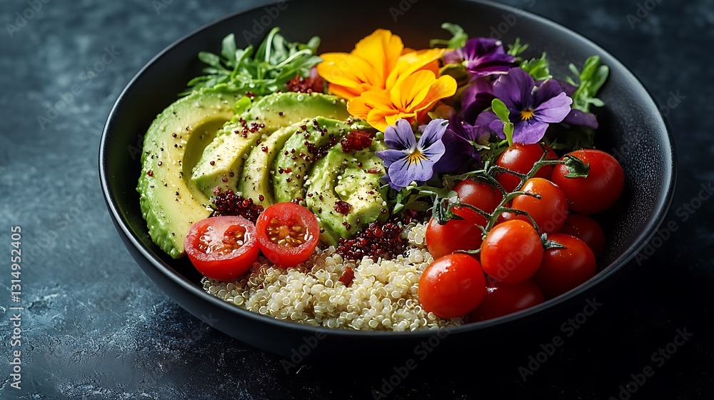 A minimalistic yet elegant Avocado Power Bowl featuring creamy avocado, fresh quinoa, cherry tomatoes, and edible flowers, artistically plated on a matte black surface. A minimalistic yet elegant Avocado Power Bowl featuring creamy avocado, fresh quinoa, cherry tomatoes, and edible flowers, artistically plated on a matte black surface.