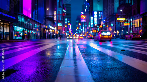 Wallpaper Mural Rainy night city street scene, vibrant neon lights, blurred traffic, pedestrian crossing, urban background, perfect for website banners Torontodigital.ca