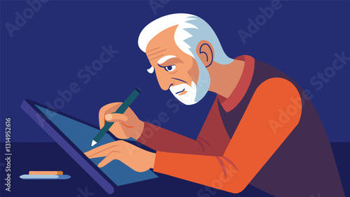 A wrinkled hand carefully manipulates a digital pen as an elderly man works on a digital illustration showcasing his mastery of the new medium.. Vector illustration