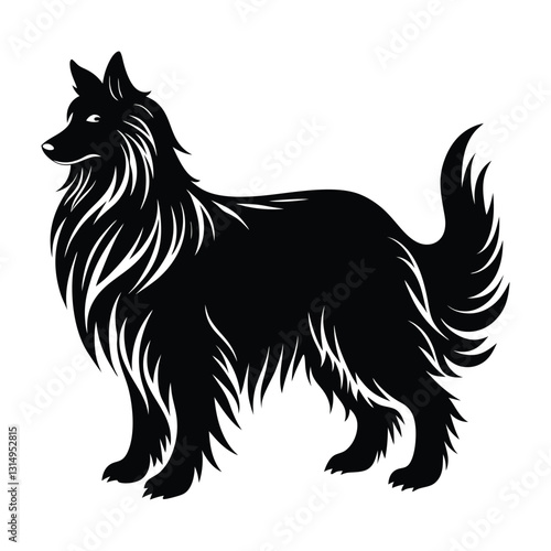 Sheepdog standing with long fur flowing silhouette on white art