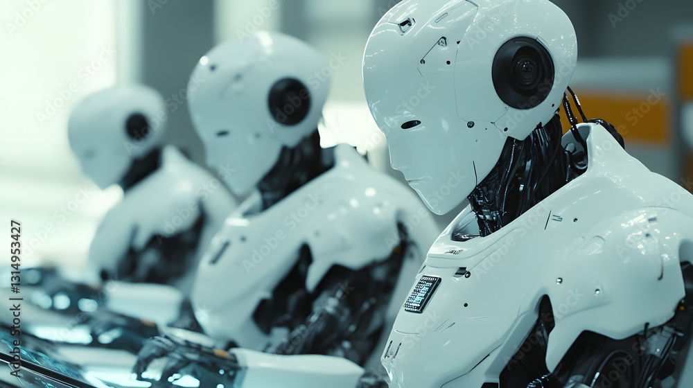 Fototapeta premium Autonomous robots working side by side in a futuristic factory, assembling high-end electronics with pinpoint accuracy.