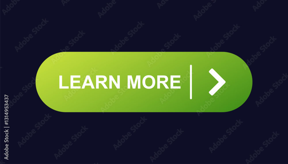 Rounded green button with learn more text and arrow symbol for user interface design.