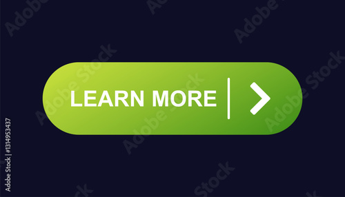 Rounded green button with learn more text and arrow symbol for user interface design.