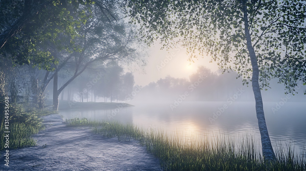 Obraz premium A serene lakeside view at sunrise, enveloped in mist and surrounded by lush greenery.