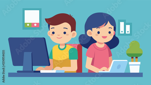 Two siblings work side by side collaborating on a program that will help their parents track their daily chores and responsibilities.. Vector illustration