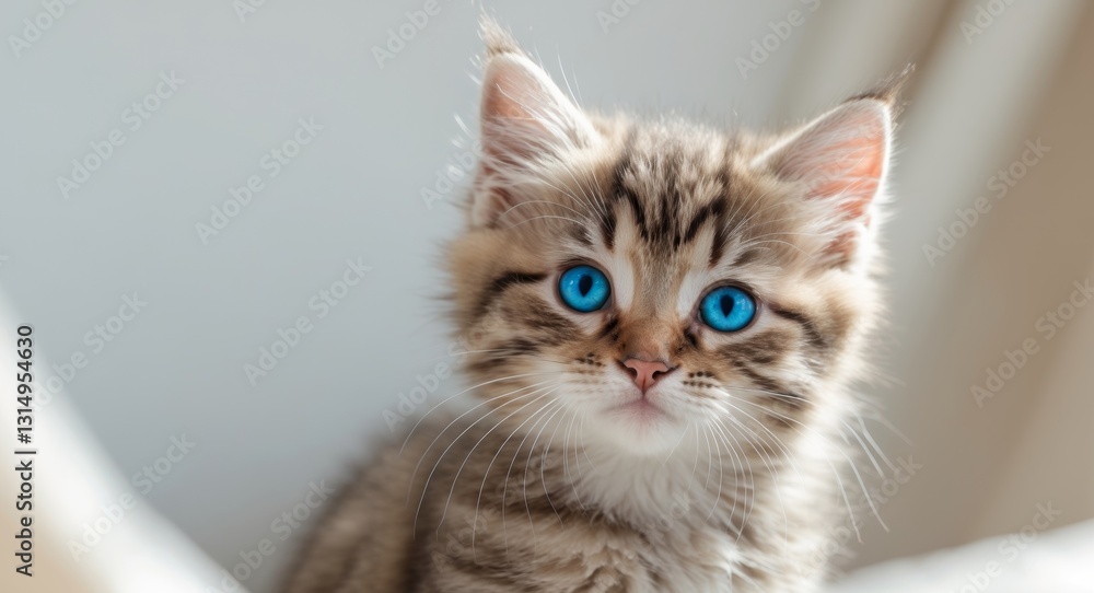 Fototapeta premium Cute tabby kitten with striking blue eyes poses