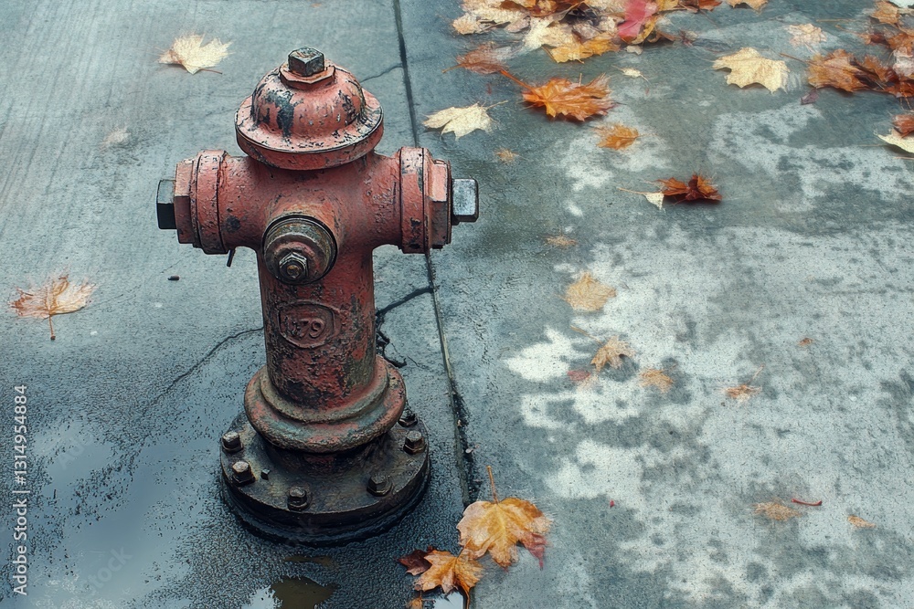 Fototapeta premium A weathered fire hydrant surrounded by autumn leaves on pavement