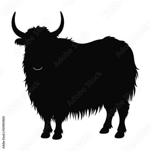 Yak standing with shaggy fur and curved horns silhouette white