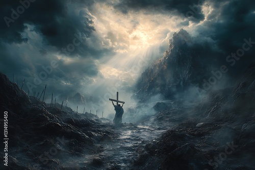 Epic biblical scene of Jesus carrying the cross in a dramatic and solemn setting for Good Friday