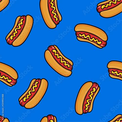 bright pattern of hot dogs with mustard and ketchup on blue background. Perfect for themes of food, casual dining, summer, and barbecue party designs.