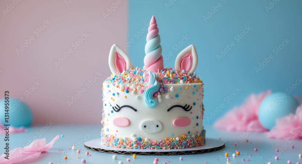 Cute Pastel Unicorn Cake with Sprinkles on Blue Background Cute Pastel Unicorn Cake with Sprinkles on Blue Background