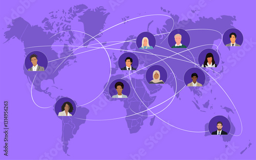 Global network business concept illustration. Diverse business people connected on a world map background. Vector design in blue, purple colors for banner, website, landing page, flyer.