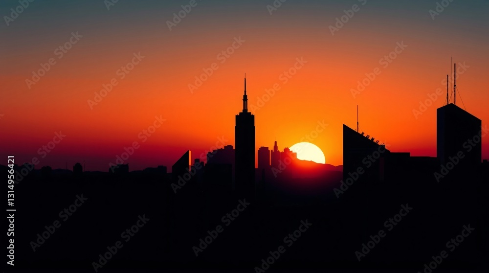 Naklejka premium Geometric Cityscape Silhouette at Sunset - Vector Art with Indigo and Orange Hues