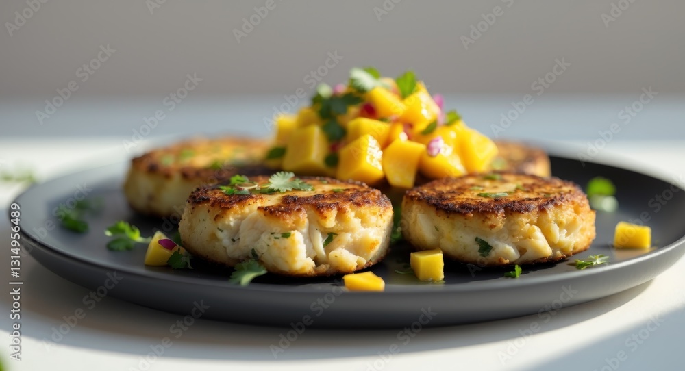 Tropical Fish Cakes Mango Salsa Dark Plate. Tropical Fish Cakes Mango Salsa Dark Plate.