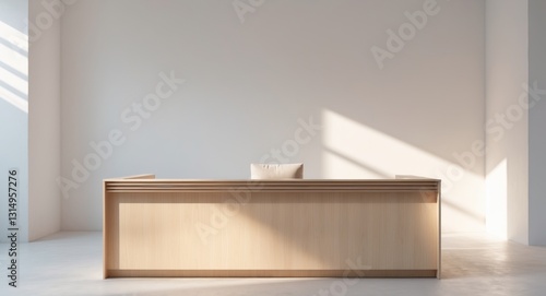 A beautifully lit wooden reception desk with a modern design.