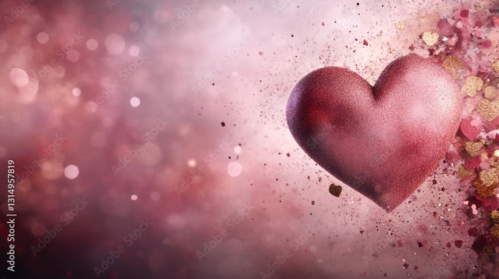 Obraz premium A glittering heart floats against a dreamy pink background, surrounded by sparkling particles and small heart shapes, ideal for romantic themes, invitations, or social media graphics,